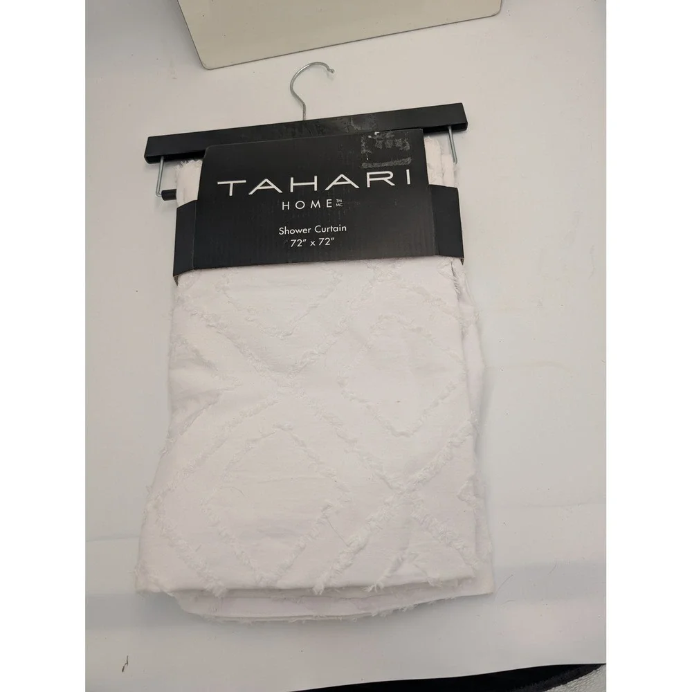 Tahari Home White Textured Diamond Tufted Fringe Shower Curtain 72x72